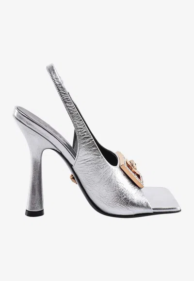 Versace 110 Medusa Crystal-embellished Slingback Sandals In Metallic Leather In Silver