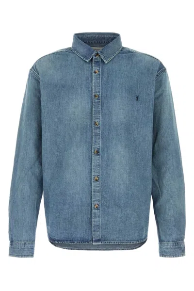 Saint Laurent Cassandre' Blue Cotton Shirt In Blue