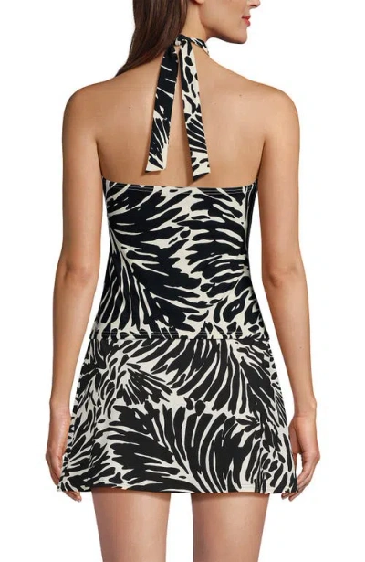 Lands' End Criss Cross Halter Tankini Swimsuit Top In Black/egret White Leaf Scroll