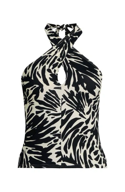 Lands' End Criss Cross Halter Tankini Swimsuit Top In Black/egret White Leaf Scroll