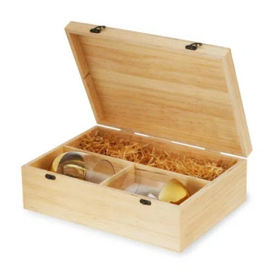 Twine Single Bottle Wooden Wine Box With Two Stemless Wine Glass Set In Wood