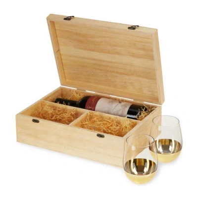 Twine Single Bottle Wooden Wine Box With Two Stemless Wine Glass Set In Wood