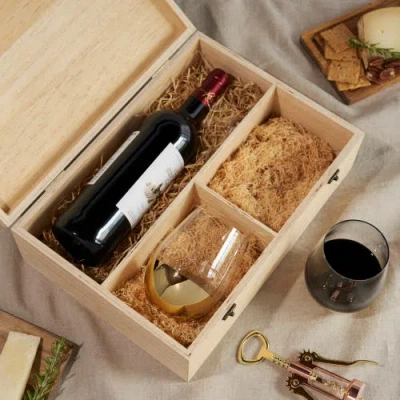 Twine Single Bottle Wooden Wine Box With Two Stemless Wine Glass Set In Wood