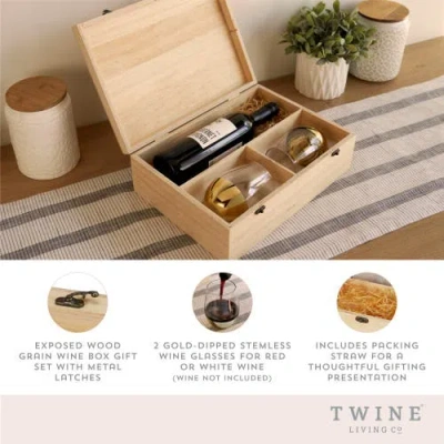 Twine Single Bottle Wooden Wine Box With Two Stemless Wine Glass Set In Wood
