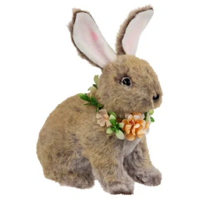 Northlight Plush Rabbit With Flower Wreath Easter Figurine In Brown