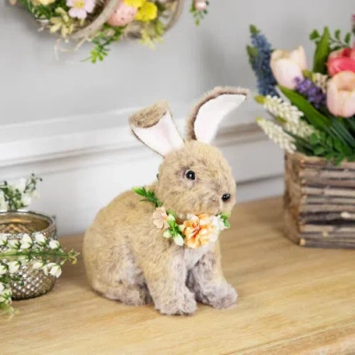 Northlight Plush Rabbit With Flower Wreath Easter Figurine In Brown