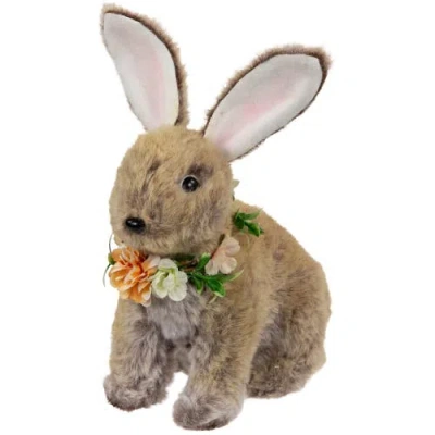 Northlight Plush Rabbit With Flower Wreath Easter Figurine In Brown