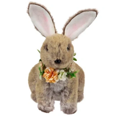 Northlight Plush Rabbit With Flower Wreath Easter Figurine In Brown