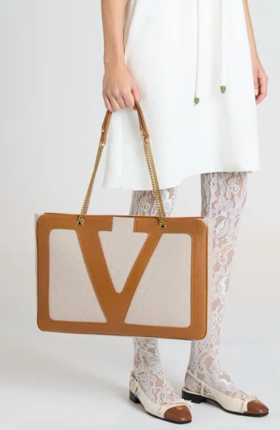 Valentino Large Canvas And Leather Viva Superstar Tote Bag In Brown