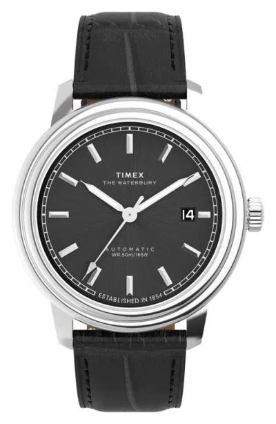 Timex Men's Mechanical Automatic Black Leather Watch, 41mm In Black