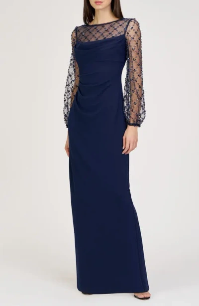 Js Collections Risha Metallic Floral Appliqué Detail Long Sleeve Crepe Column Gown In Deep Navy