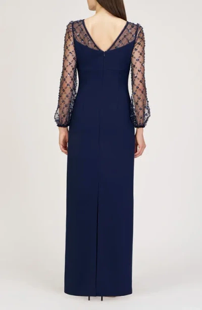 Js Collections Risha Metallic Floral Appliqué Detail Long Sleeve Crepe Column Gown In Deep Navy
