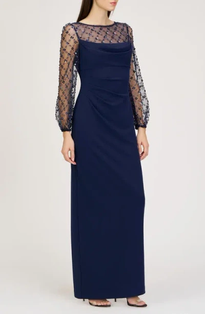 Js Collections Risha Metallic Floral Appliqué Detail Long Sleeve Crepe Column Gown In Deep Navy