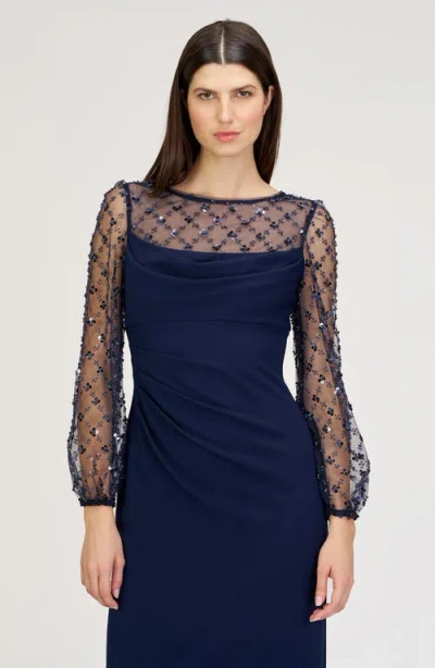Js Collections Risha Metallic Floral Appliqué Detail Long Sleeve Crepe Column Gown In Deep Navy