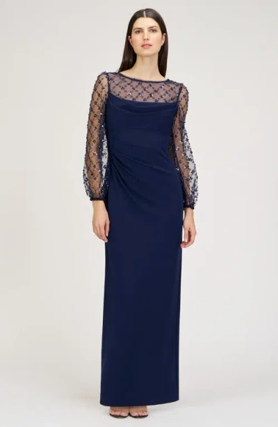 Js Collections Risha Metallic Floral Appliqué Detail Long Sleeve Crepe Column Gown In Deep Navy