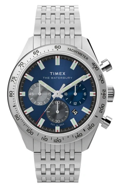 Timex Mens Blue Tw2y18500 Waterbury Traditional Chronograph Stainless-steel Bracelet Watch In Silver