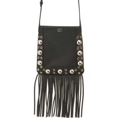 Valentino Suede Cross-body Bag With Fringe And Studs In Black