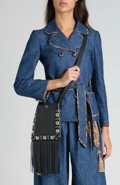 Valentino Suede Cross-body Bag With Fringe And Studs In Black