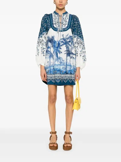 Farm Rio Off-white Palm Tree Beach Mini Dress In Palm Tree Beach Off-white