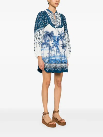 Farm Rio Off-white Palm Tree Beach Mini Dress In Palm Tree Beach Off-white