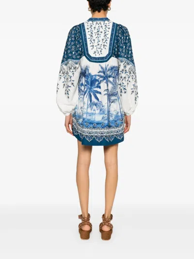 Farm Rio Off-white Palm Tree Beach Mini Dress In Palm Tree Beach Off-white