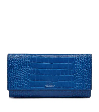 Smythson Leather Croc-embossed Marshall Travel Wallet In Blue