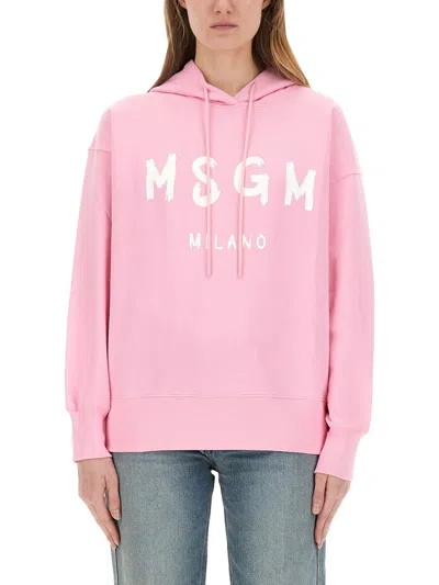 Msgm Hooded Sweatshirt With Drawstring And Ribbed Finish In Pink