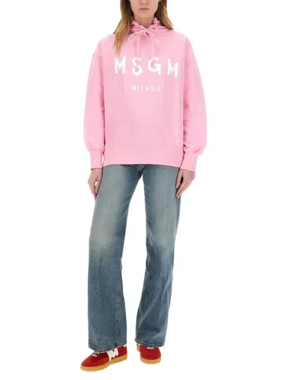 Msgm Hooded Sweatshirt With Drawstring And Ribbed Finish In Pink