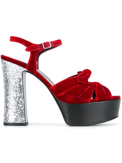Saint Laurent Candy Bow-detail Velvet Platform Sandals In Red