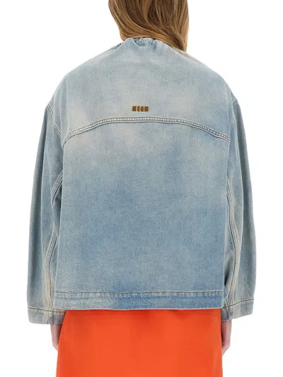 Msgm Oversized Denim Jacket Drawstring Detail In Navy
