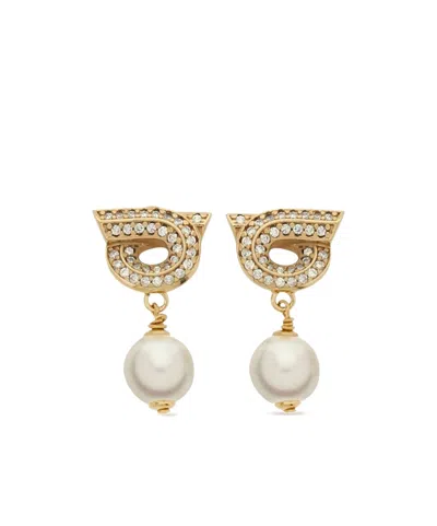 Ferragamo Crystal Embellished Gancini Pearl Drop Earrings In Gold