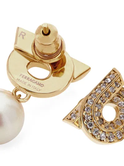 Ferragamo Crystal Embellished Gancini Pearl Drop Earrings In Gold