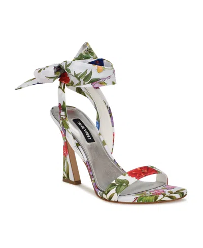 Nine West Women's Kelsie Ankle Wrap Sculpted Heel Sandals In White Garden