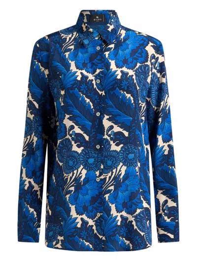 Etro , Silk Shirt With Maxi Floral Print, Woman, Navy Blue, Size 38 In Stampa F.do Azzurro
