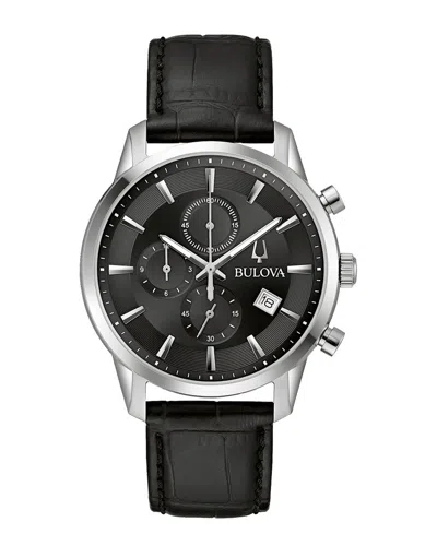 Bulova Classic Sutton Mens Chronograph Black Leather Strap Watch 96b403 In Brown