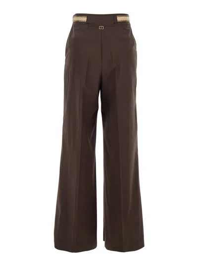 Twinset Brown Pants With Waist Belt And Metallic Logo Plaque In Cotton Poplin Woman In Brown