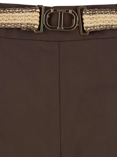 Twinset Brown Pants With Waist Belt And Metallic Logo Plaque In Cotton Poplin Woman In Brown