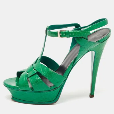 Pre-owned Saint Laurent Green Croc Embossed Leather Tribute Platform Sandals Size 39.5
