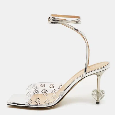 Pre-owned Mach&mach Transparent Pvc Crystal Embellished Hearts Ankle Strap Sandals Size 39.5