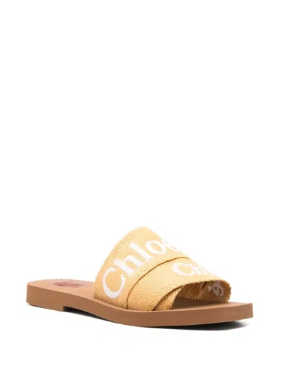 Chloé Woody Embroidery Flat Slides In Yellow