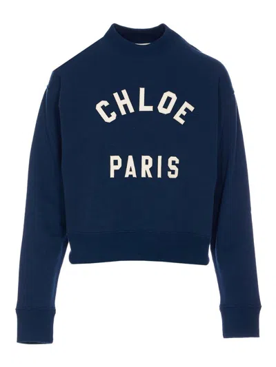 Chloé Crew Neck Logo Sweater In Blue