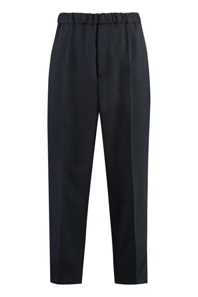 Jil Sander Cropped Tapered Blue Cotton Pants With Elastic Waistband In Blue