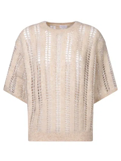 Brunello Cucinelli Open Knit Cropped Sweater With Sheer In Multi