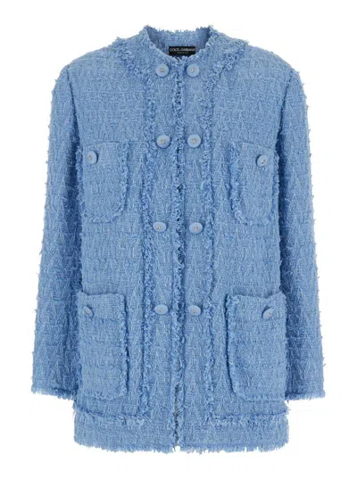 Dolce & Gabbana Light Blue Single-breasted Jacket With Logo Detail On Buttons In Cotton Blend Woman In Blue