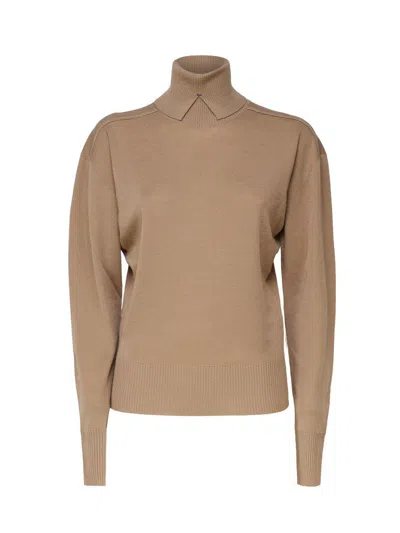 Burberry High-neck Wool Sweater With Logo Intarsia In Brown