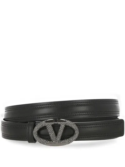 Valentino Leather Belt With Adjustable Length And Embellished Buckle In Neroblackdiamond