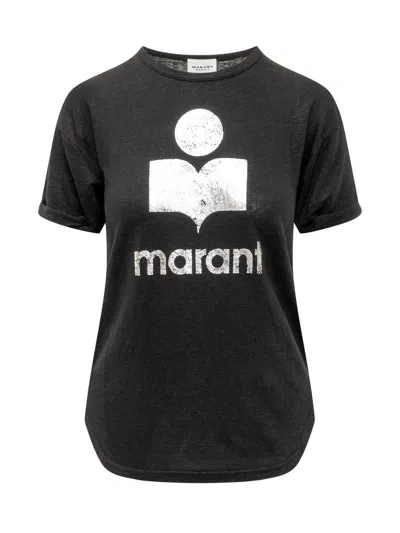 Isabel Marant Étoile Zewel Metallic Logo Slub Linen Graphic T-shirt In Black