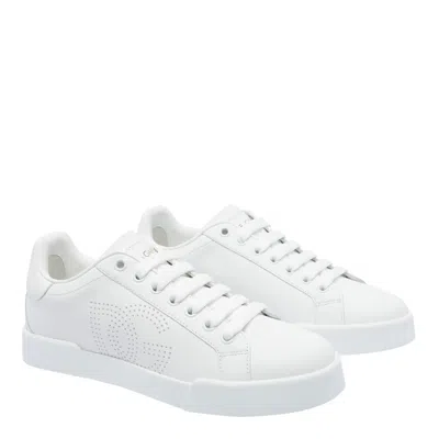 Dolce & Gabbana Women Portofino Low-top Leather Sneakers With Lateral Monogram In White