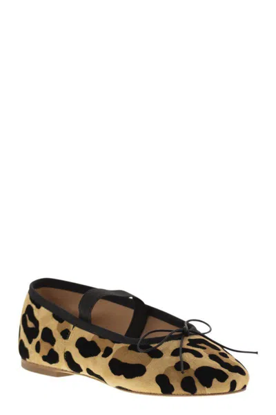 Anniel Leather Ballerina With Animal Pattern And Elastic Band In Brown