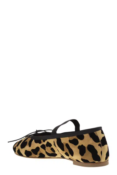 Anniel Leather Ballerina With Animal Pattern And Elastic Band In Brown